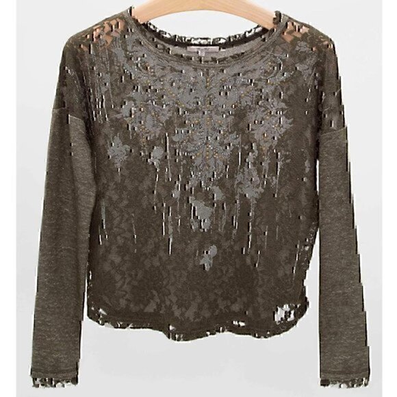 MISS ME Lace Front Sweatshirt Olive Green Pullover Mixed Media Material Crewneck - Picture 4 of 11